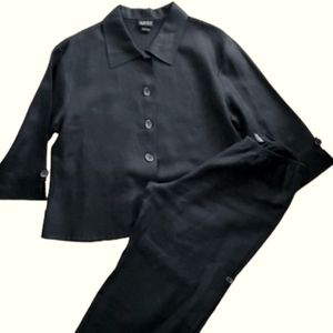 Nomadic Traders Womans Black Linen 2 Piece Cropped Suit Size Small